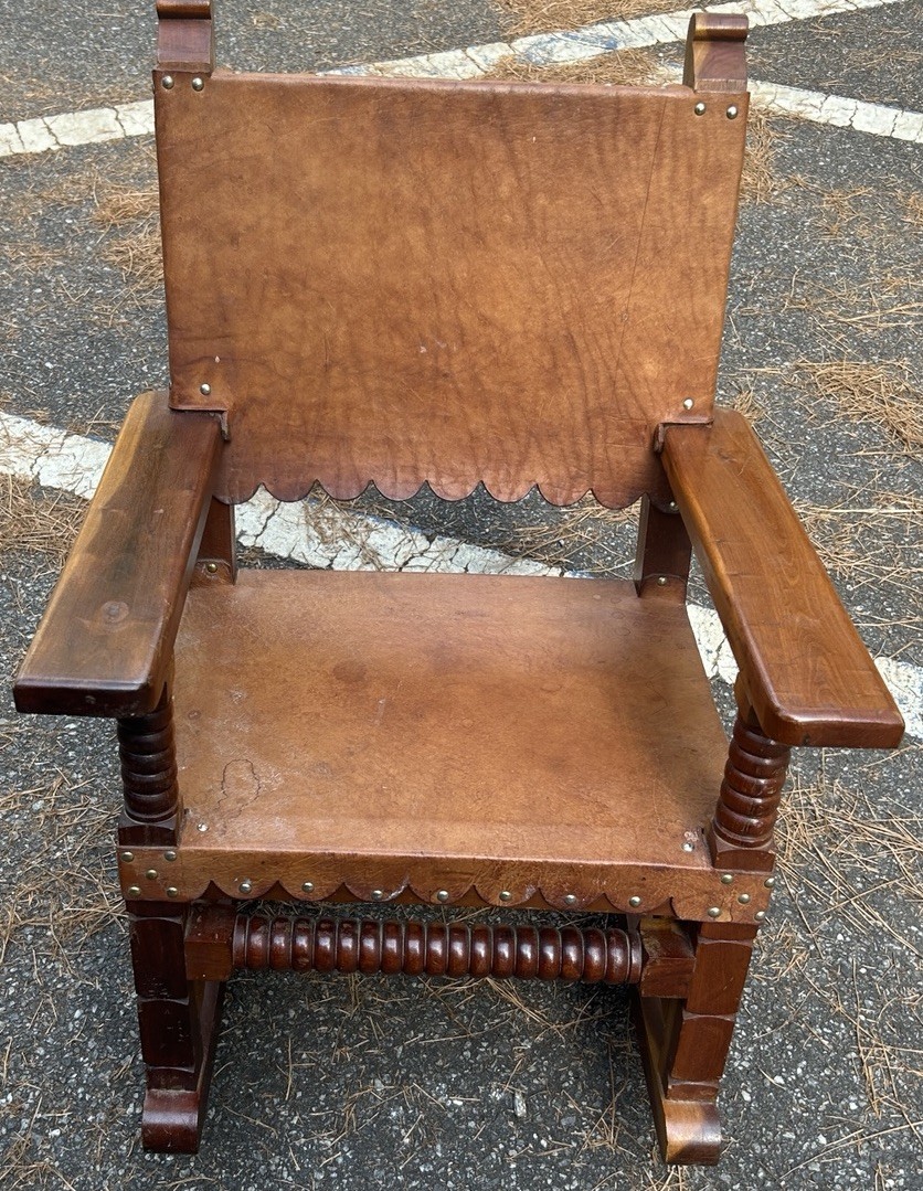 Vintage Rare Childs Mexican Venadillo Wood & Leather Rocking Chair