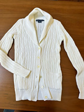Ralph Lauren Women  s White Cable-Knit Shawl Collar Button Pocket Cardigan S