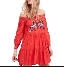 FREE PEOPLE Red Boho Embroidered Mini Dress Smocked Off the Shoulder Sunbeams M