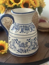 💙 VTG Blue & White Ceramic Pitcher – Butterfly & Floral Design – 10.5” 💙