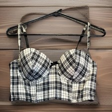 Y2K Vintage Corset Bustier Camisole Top 34 C Black White Plaid Milkmaid Goth