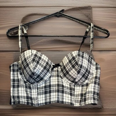 Vintage Y2K Babydoll 90s Corset Bustier Camisole Top 34 C Black Plaid Milkmaid