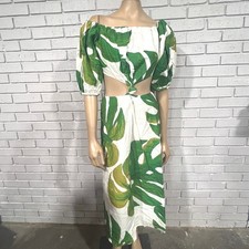 Farm Rio Monstera Leaf Cut-Out Midi Dress Green White Tropical Boho NEW M
