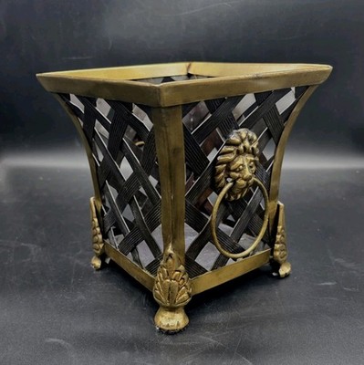 Vintage Solid Brass Lion's Head Ring Handle Lattice Basketweave Footed Cache Pot