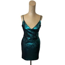 Lulus Glisten to Me Teal Green Sequin Surplice Mini Size Small