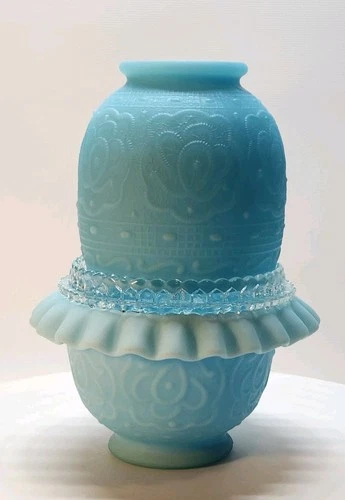 Vntg Fenton | Blue Satin Glass | Rose Persian Medallion Fairy Lamp | 3 Pc Set
