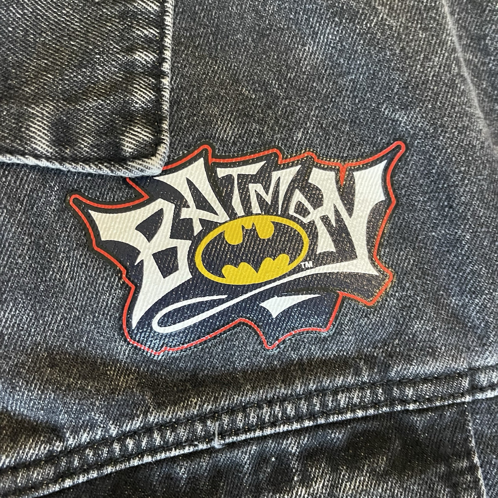 Rare Six Flags Batman Black Denim Button Jacket Graffiti Art Size Large BNWT image 5