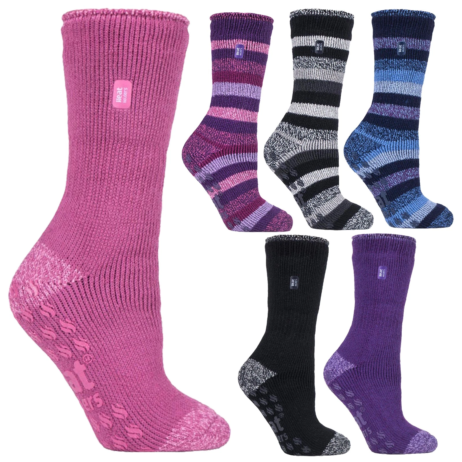 Womens Striped Slipper Socks by Heat Holders Fleece Gripper Non Slip Socks