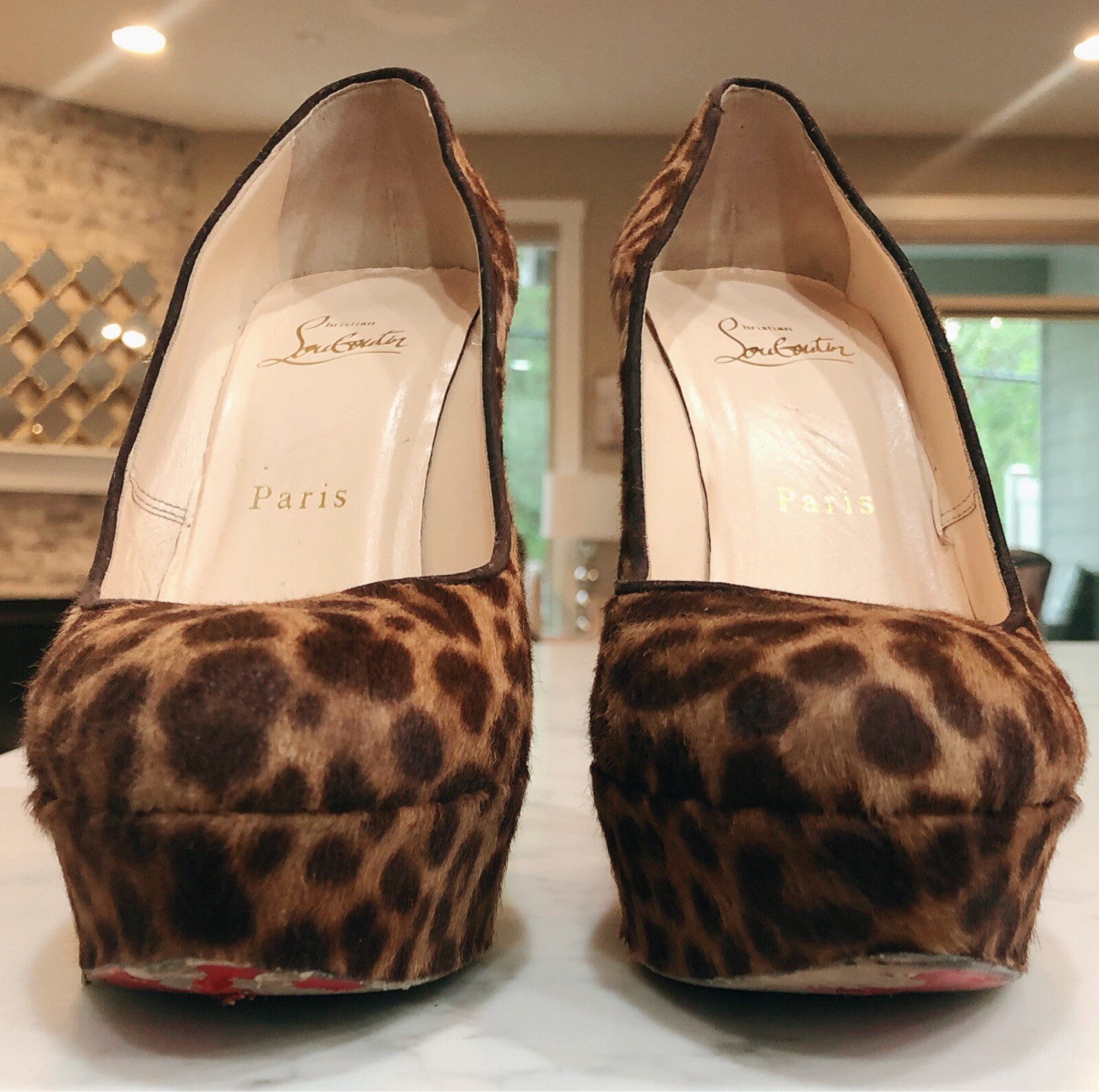 CHRISTIAN LOUBOUTIN Leopard Print Pony Hair Bianca Platform Heels SZ 37.5 image 4