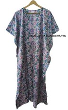 Indian Cotton Loose Short Sleeves Floral Print Blue Free Size Boho Caftan Dress