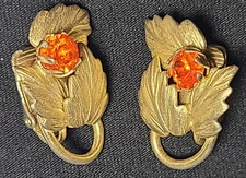 VINTAGE STUNNING CARROT COLOR CRYSTAL FLORAL CLIP ON EARRINGS~SIGNED: EMMONS