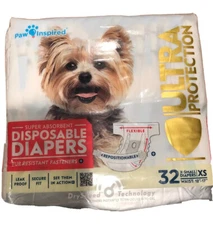 Paw Inspired Sz XS Disposable Dog Diapers Dry Speed Technology 32 Diapers Box BN