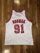 DENNIS RODMAN Champion CHICAGO BULLS White Jersey 48 NBA Pippen Jordan Pistons