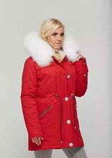 Women's Red parka white fur Durable and Weather-Resistant Fabric coat