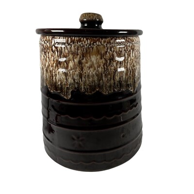 Vtg. Monmouth Daisy Dot Pottery Cookie Jar Canister 8.5'' Brown Drip Glaze 1960's