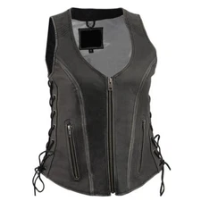 Ladies Zipper Motorcycle Side Lace Distressed Gray Leather Vest Concealed Carry 