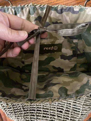 REEF Camo Lined & Olive Green Satiin Trim Wicker Beach Shoulder BAG Straw TOTE - Picture 8 of 9