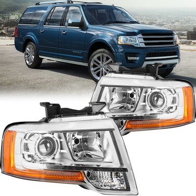 Fit For 2015-2017 Ford Expedition Headlights Chrome Projector Headlamps Pair L+R