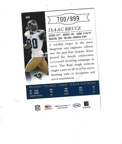 2003 Leaf Limited #89 Isaac Bruce /999 ST LOUIS RAMS - Foto 2 di 2