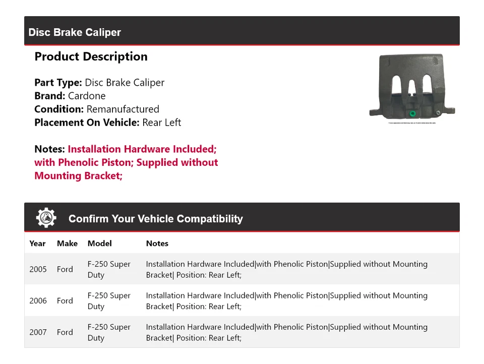 Pinza de freno de disco trasera izquierda Cardone 2006 para Ford F-250 Super Duty 2005-2007 Foto 2 de 4