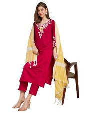 Women's Rayon Viscose Sequence Embroidery Straight Kurta Pant with Dupatta Set