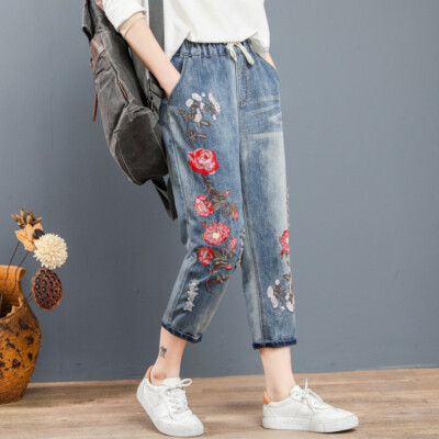 Women Elastic Waist Denim Cropped Pants Retro Embroidered Jeans Harem Pants