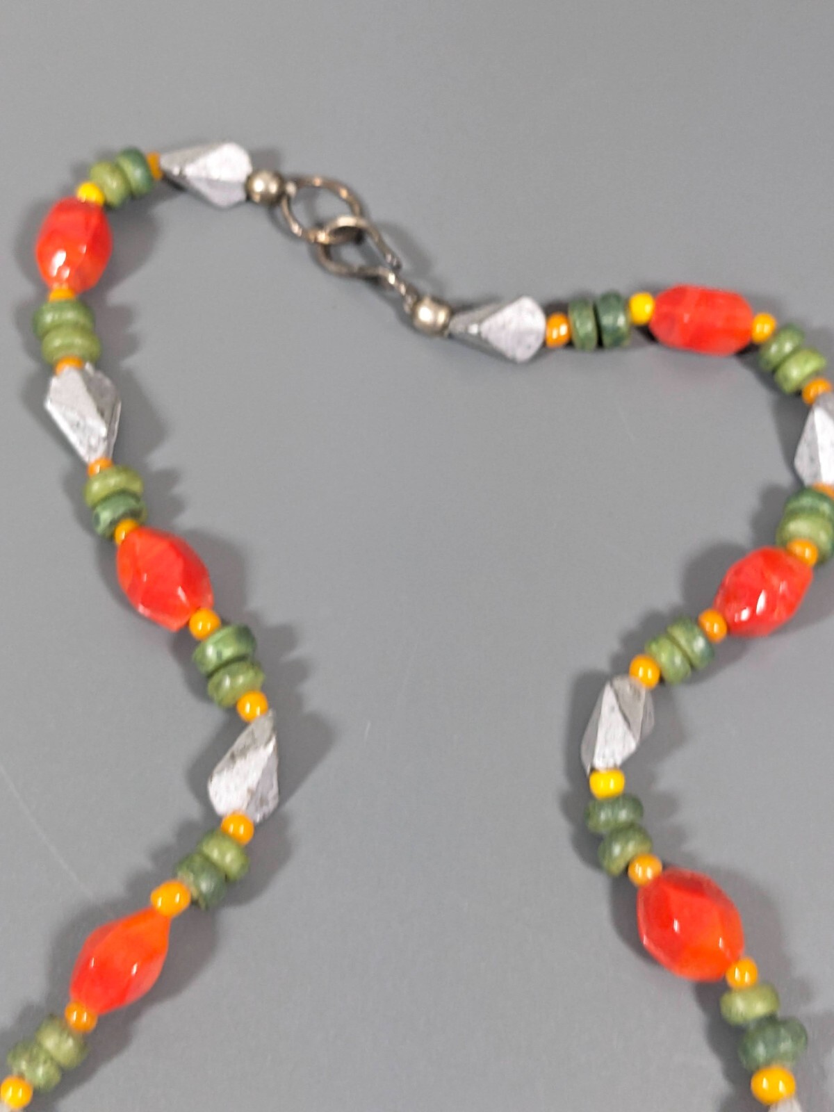 Beachy Coastal Tribal Orange Green Heart Charm Beaded Necklace 17 inch