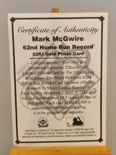 1998 Upper Deck 62nd Home Run Record 22 Karat Kt Gold /10000 Mark McGwire - Picture 4 of 6