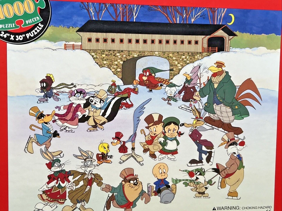 Vintage Looney Tunes Holiday Puzzle 1000 Pieces Ice Skating 1996 Complete - Image 2 of 4