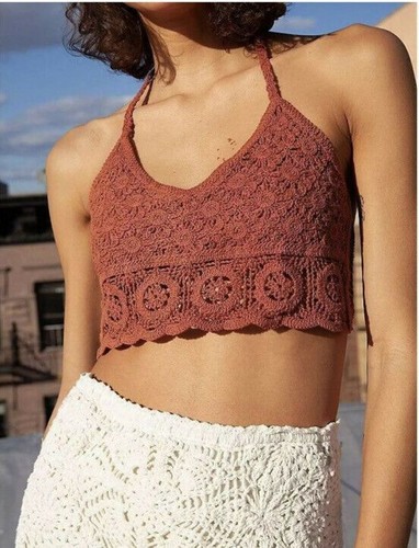 New FREE PEOPLE Small Sydney Bralette Crochet Lace Terracotta Tie Back Boho Top - Picture 2 of 5