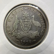 1914 h Florin Coin - almost Fine - Key Date Silver Predecimal Australia George V