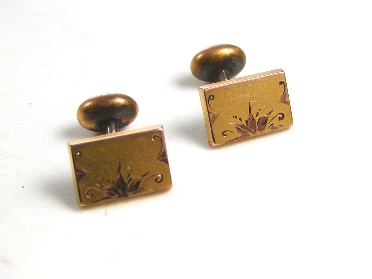Boutons De Manchette Vintage Dorés Et Rouges - Non Signés - Occasion En Bon état