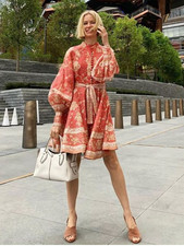 Zimmermann Size 1 AU 10 US 6 Mini Dress Veneto Border Linen Long Sleeve Belted