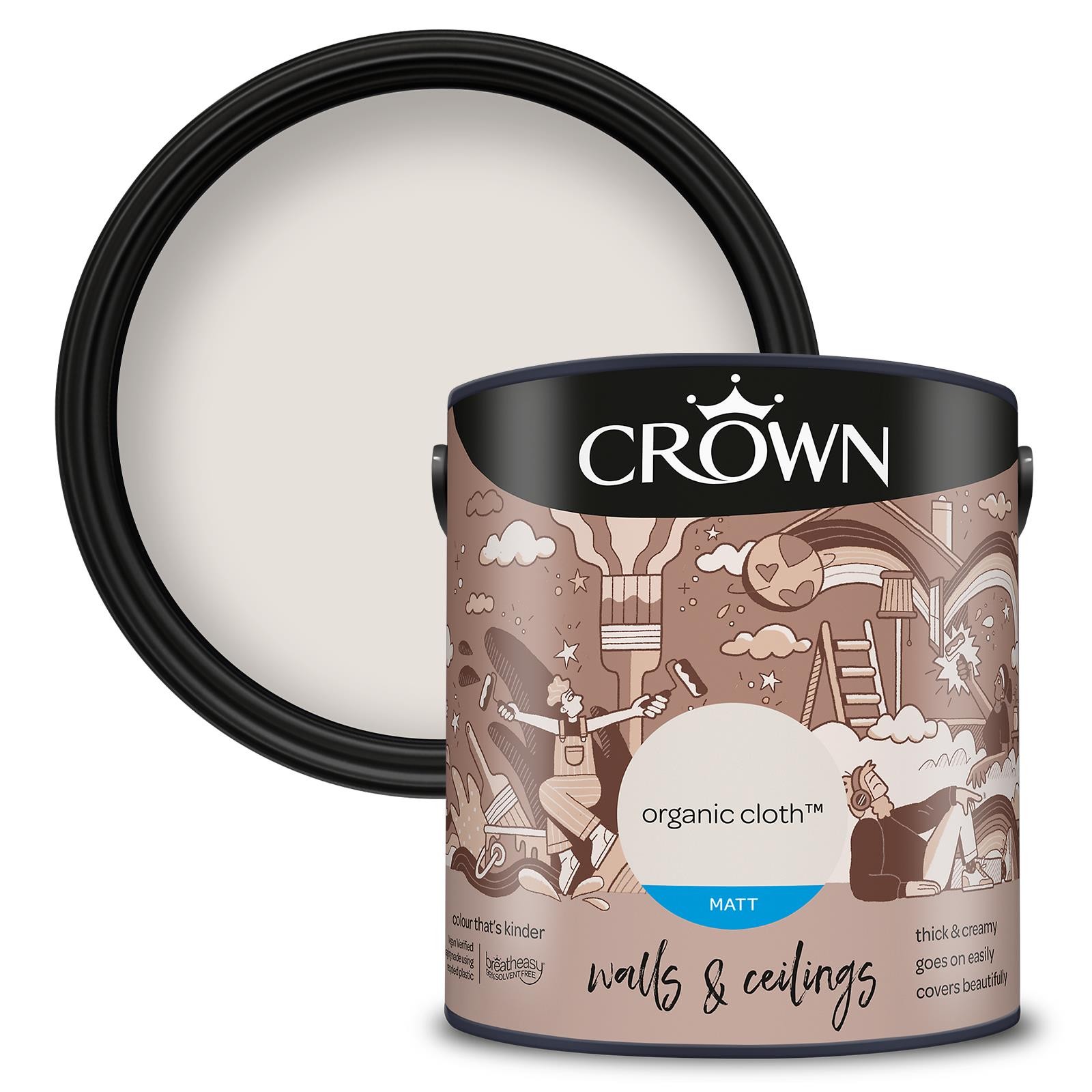 Crown WALLS & CEILINGS Neutral Beige Matt Emulsion Paint 2.5L | Rich velvety matt in Organic Cloth. Covers beautifully. Ideal for bedrooms & living rooms. Low VOC, low odour, vegan - Image 2