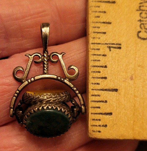 Vintage Spinning 3 Sided Sterling Silver Pendant Turquoise Butterscotch Amber