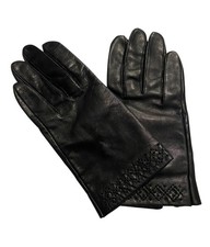 Vintage Women  s Black Leather Gloves 1488 Korea Decorative Stitching Size 7