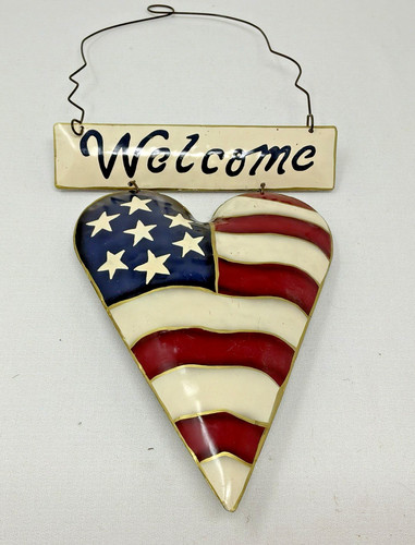 Metal Welcome Heart USA Stars and Stripes 4th of July