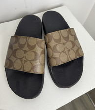 Coach Signature Logo Slide Sandals Women's UK 8.5 Black Beige Brown New Def