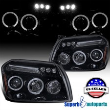 Fits 2005-2007 Dodge Magnum Halo Projector Headlights Black Smoke Led Bar