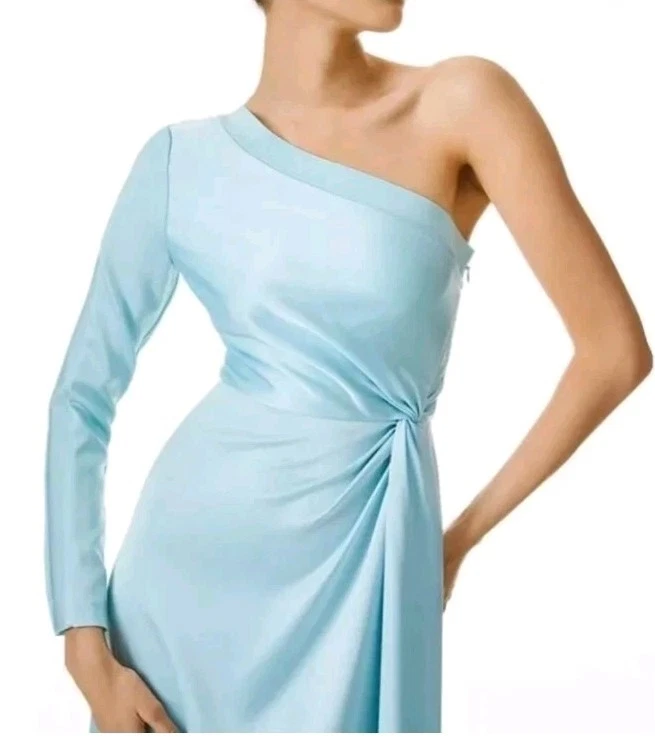 ALICE + OLIVIA Dora One Shoulder Asymmetrical Satin Midi Dress Blue Size 14 XL - Image 4 of 4