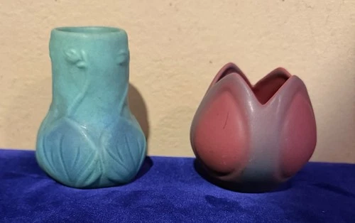 Vintage Signed VAN BRIGGLE Art Pottery / Mulberry Tulip Vase  & Ming Blue Vase