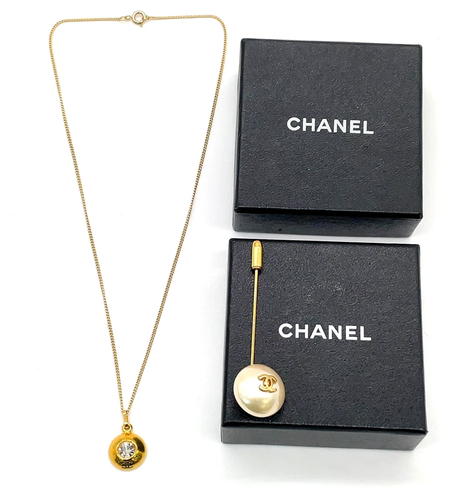 Auth Chanel Coco Mark GP Necklace/Faux PearlsPin Brooch 10.77g SET2 W/B SK040431 - Image 2 of 4