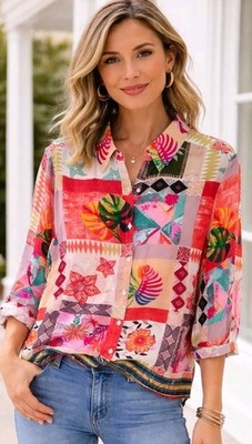 Beau Chemise Blouse Size L Floral Button 100% Viscose Silk