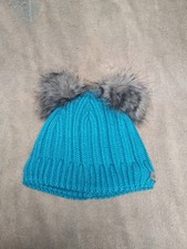 Youth - Columbia - Teal Blue Beanie Winter Hat With 2 Fur Poofs Fleece Lined O/S