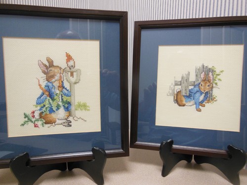 Pair Framed Matted Cross Stitch Pictures Beatrix Potter Peter Rabbit 11” X 11" - Picture 2 of 11