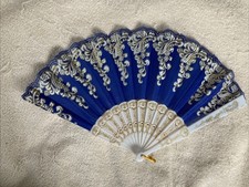 Blue White  Gold with Glitter Fabric and Plastic Folding Hand Fan BB 