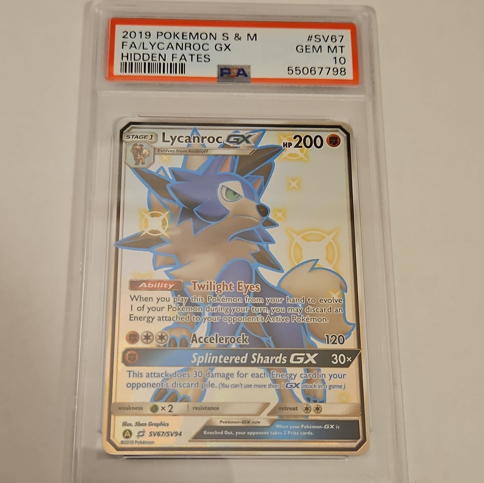 Pokemon 2019 Hidden Fates Shiny Vault Lycanroc GX Full Art Holo SV67 PSA 10