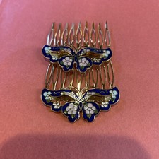 Vintage Cloisonne Butterfly Enamel Hair Comb Set Floral Butterfly