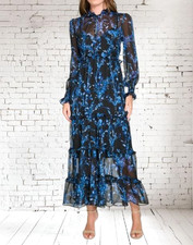 Tommy Hilfiger Provincial Floral Chiffon Ruffled Dress Sz:6 Black/Blue MSRP:$159