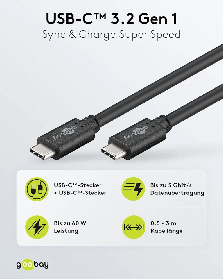 Goobay 67976 USB C auf USB C 3.2 Gen 1 Schnellladekabel 60W - 20V - 3A / Handyka - Bild 3 von 4